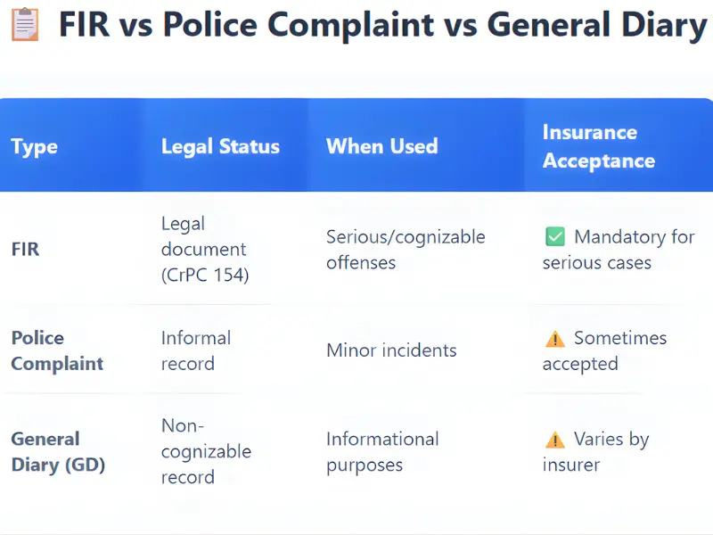 "Difference between FIR, police complaint, and general diary for insurance"