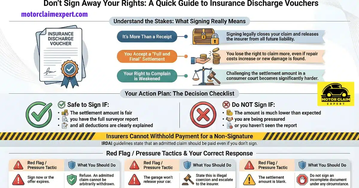 Policyholder carefully reviewing an insurance discharge voucher before signing the settlement