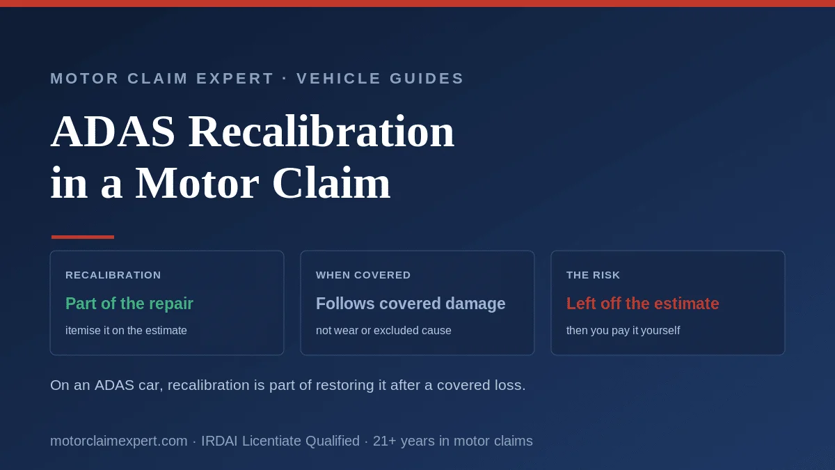 ADAS recalibration in a motor insurance claim in India: when a covered accident forces replacement of a sensor-carrying part, recalibration is part of the repair and should be itemised on the estimate.