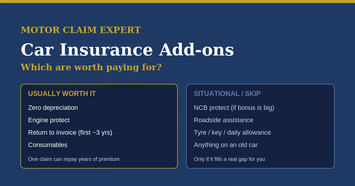 Car insurance add-ons worth it: zero depreciation, engine protect, return to invoice, consumables; situational or skip: NCB protect, roadside, tyre/key/daily allowance, anything on an old car