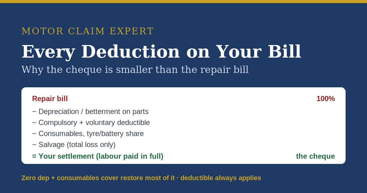 Repair bill minus depreciation/betterment, deductible, consumables, tyre/battery share and salvage equals your settlement