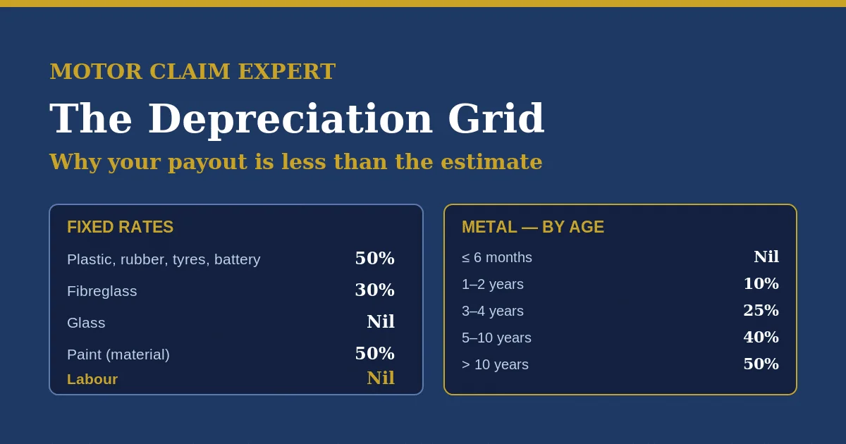 Car insurance depreciation grid: plastic/tyres/battery 50%, fibreglass 30%, glass nil, paint material 50%, labour nil; metal parts by age from nil under 6 months to 50% over 10 years