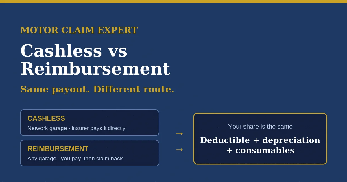 Cashless (network garage, insurer pays directly) vs reimbursement (any garage, you pay then claim back) both give the same payout after deductible, depreciation and consumables