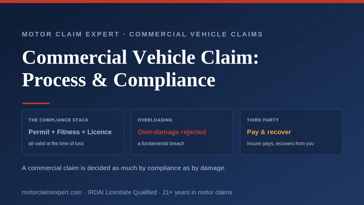 Commercial vehicle insurance claim process in India: the compliance stack (permit s.66, fitness s.56, correct-class licence) decides the claim; overloading voids the own-damage claim; the third party is paid under pay-and-recover.