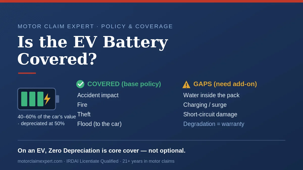 Infographic showing which EV battery risks are covered by car insurance in India (accident, fire, theft, flood) versus gaps needing an add-on (water in pack, charging surge, degradation)