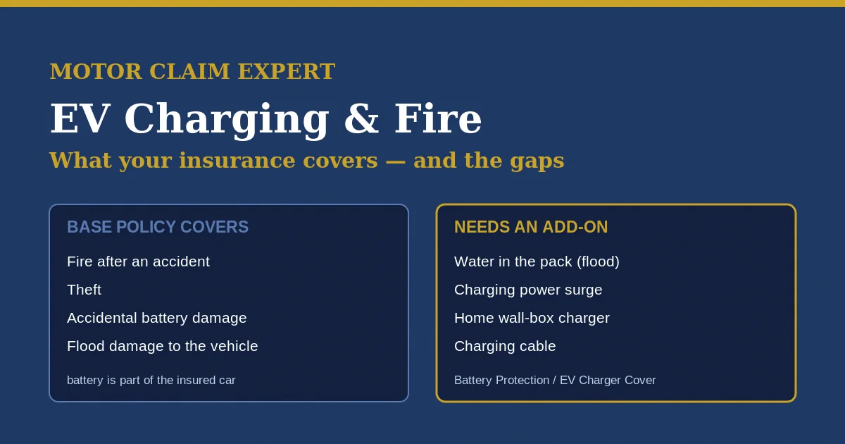 EV charging and fire insurance: base policy covers fire after an accident, theft, accidental battery damage and flood to the vehicle; add-ons needed for water in the pack, charging power surge, home wall-box and cable