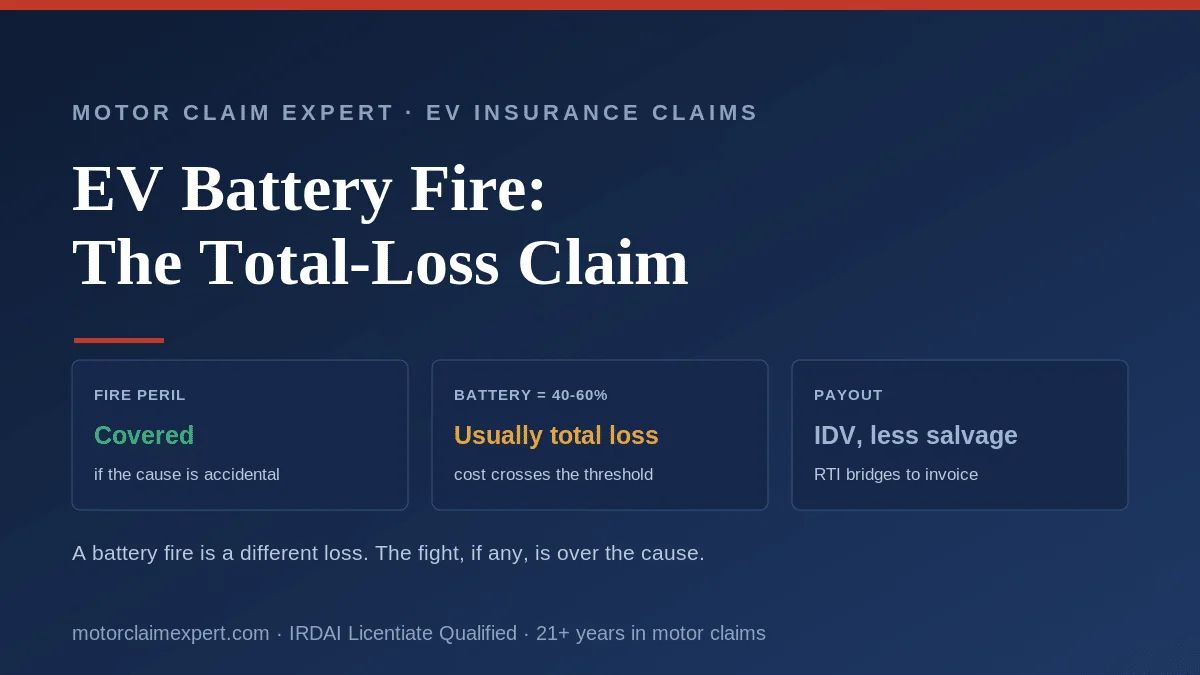 EV battery thermal-runaway fire and the insurance claim: fire is a covered peril if the cause is accidental, the battery being 40-60% of value makes it a likely total loss, and RTI bridges the IDV-to-invoice gap.