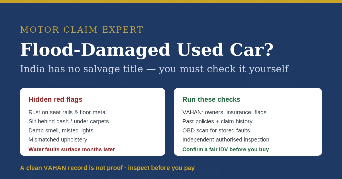 Red flags of a flood-damaged used car and the VAHAN, insurance and OBD checks to run before buying in India