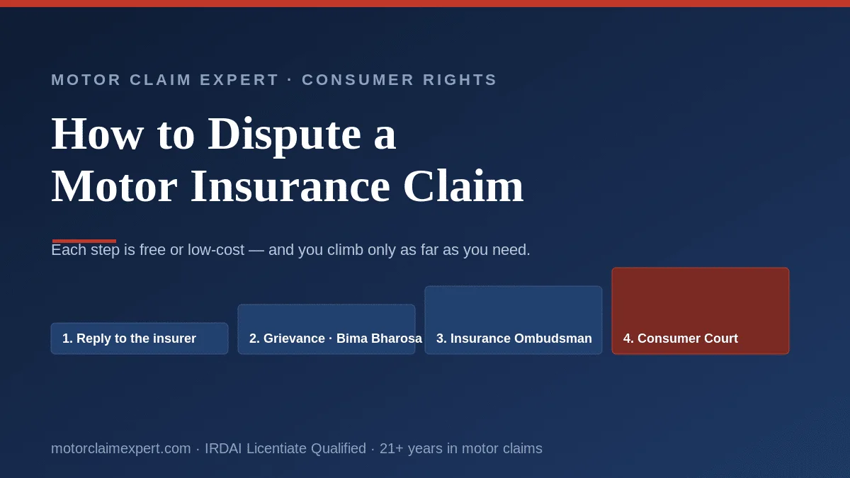 How to dispute a motor insurance claim in India: the four-step escalation ladder from written reply to Bima Bharosa, Insurance Ombudsman and consumer court