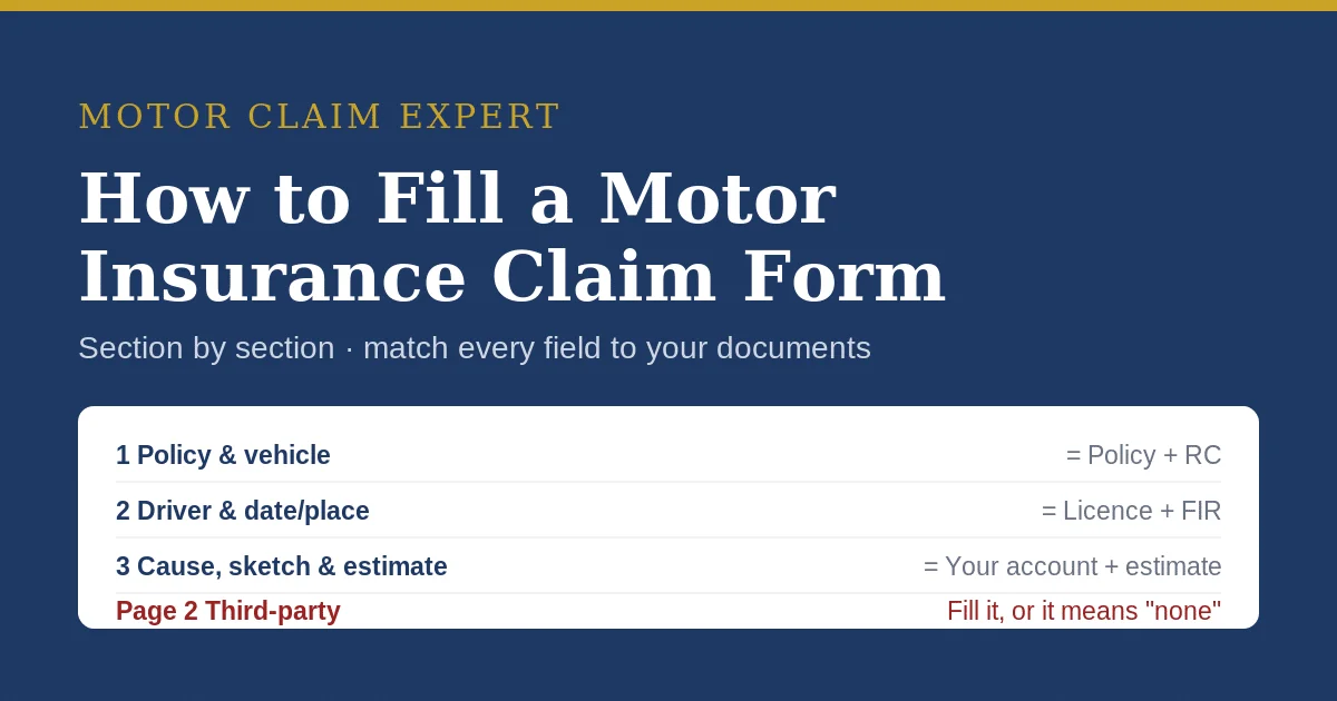 Section-by-section guide to filling a motor insurance claim form in India, matching each field to your documents