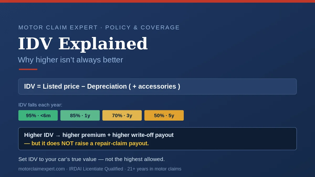 IDV in car insurance explained: IDV equals listed price minus depreciation; it falls each year (95% under 6 months to 50% at 5 years); a higher IDV raises premium and the write-off payout but not a repair-claim payout
