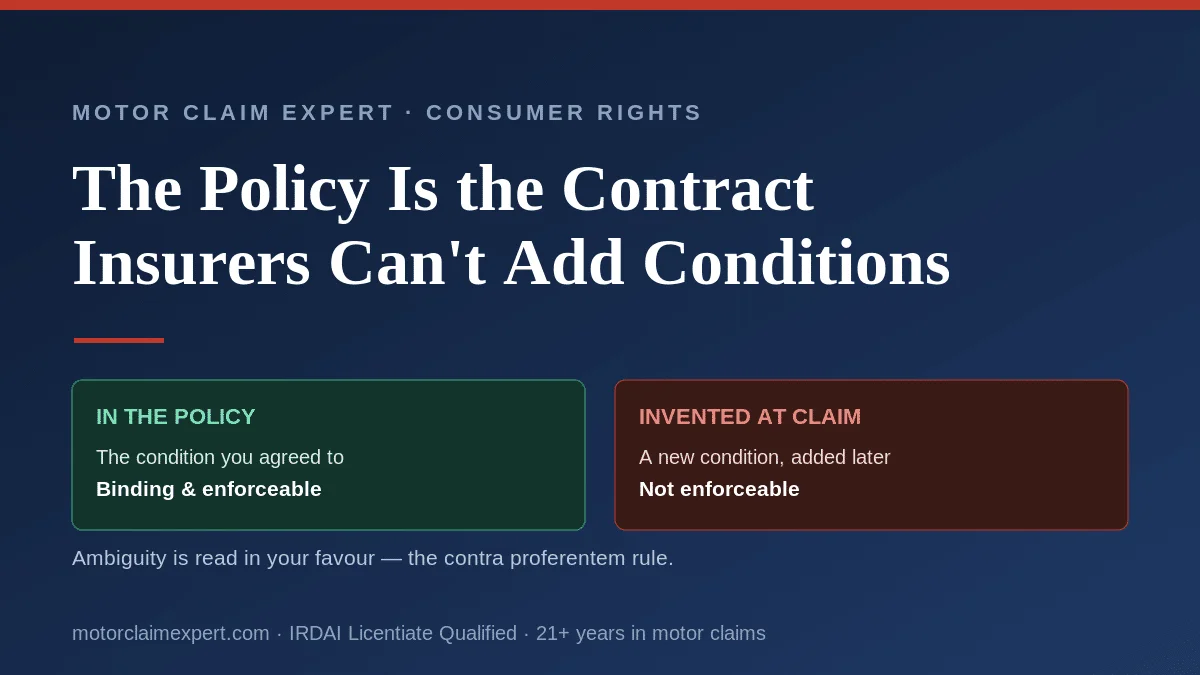 The policy is the contract: a condition written in the policy is binding, but a new condition invented at claim time is not enforceable; ambiguity is read in your favour.