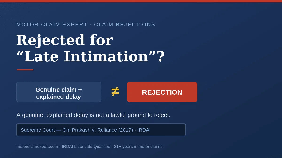 A genuine motor insurance claim with an explained delay is not equal to a rejection — citing the Supreme Court Om Prakash v Reliance (2017) ruling and IRDAI