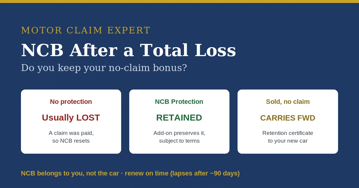 NCB after total loss: usually lost without protection, retained with the NCB Protection add-on, or carried forward if sold with no claim
