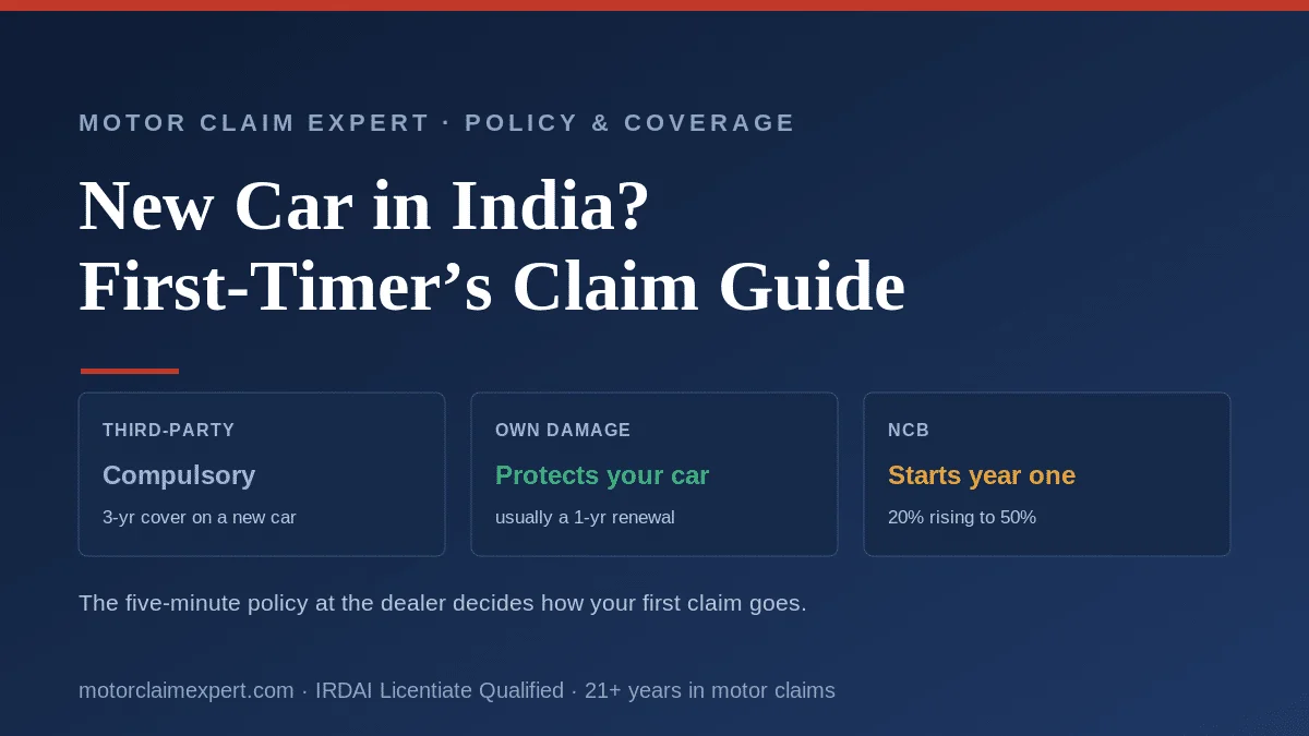 Car insurance for first-time and new car owners in India: third-party is compulsory (3-year on a new car), own-damage protects your car (usually a 1-year renewal), and NCB starts from year one.