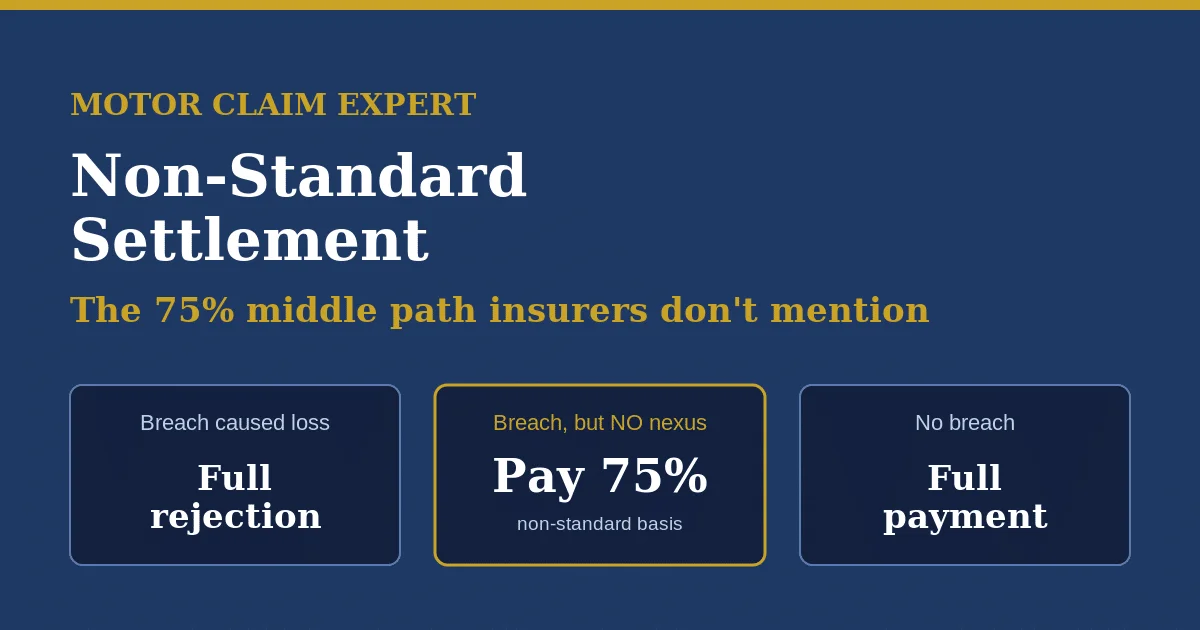 Non-standard settlement: breach caused loss means full rejection, breach with no nexus means pay 75%, no breach means full payment
