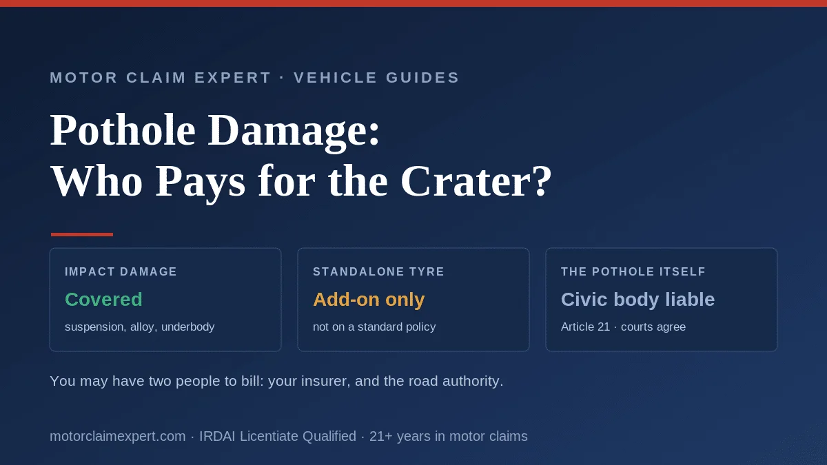 Pothole damage car insurance claim in India: impact damage to suspension and alloys is covered, a standalone tyre burst needs an add-on, and civic bodies can be held liable for the pothole itself.