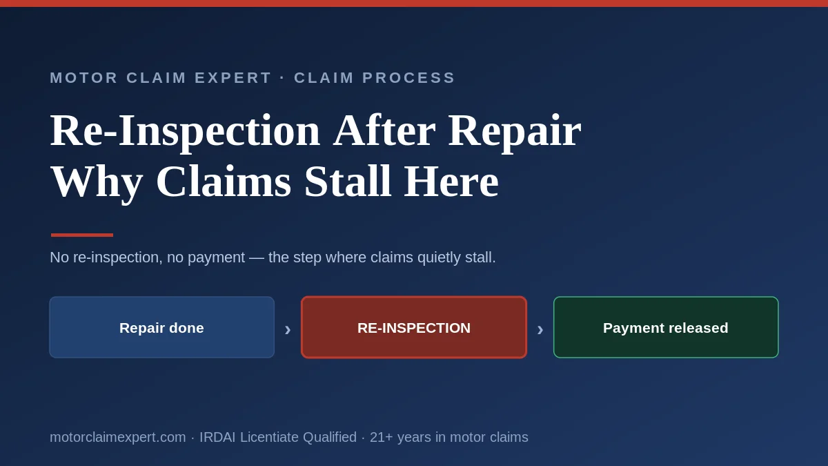 Re-inspection after repair in a car insurance claim: repair done, re-inspection gate, payment released. No re-inspection, no payment.