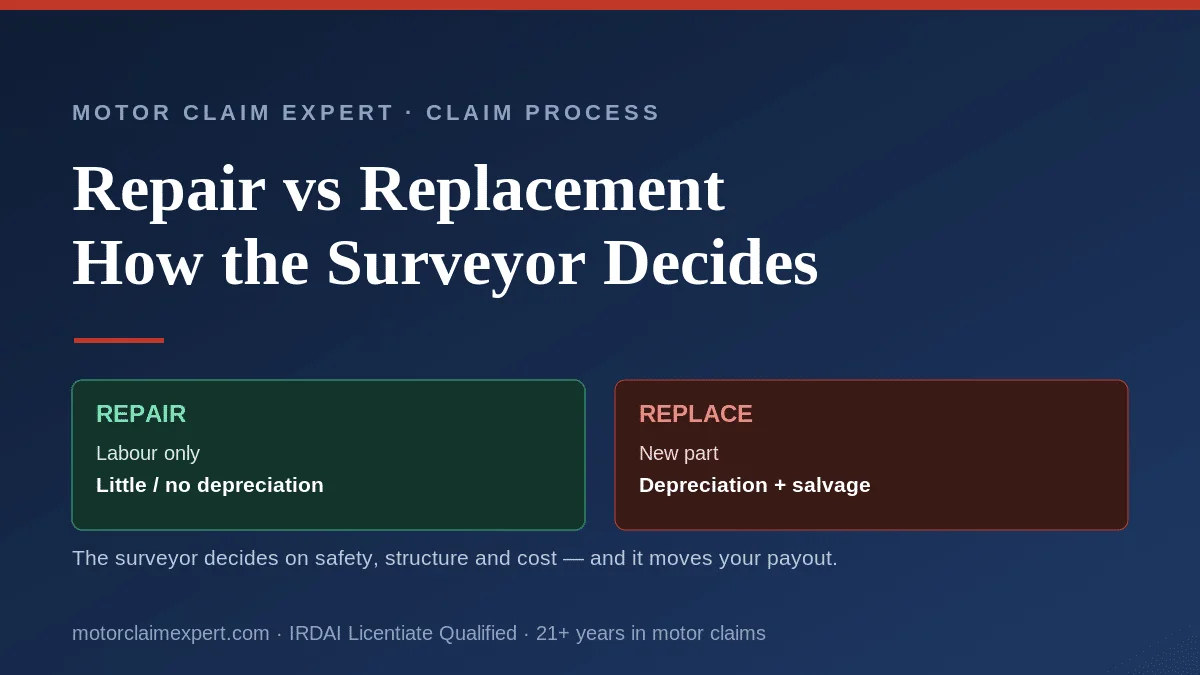 Repair vs replacement in a car insurance claim: repair carries little depreciation, replacement adds depreciation and salvage; the surveyor decides on safety, structure and cost