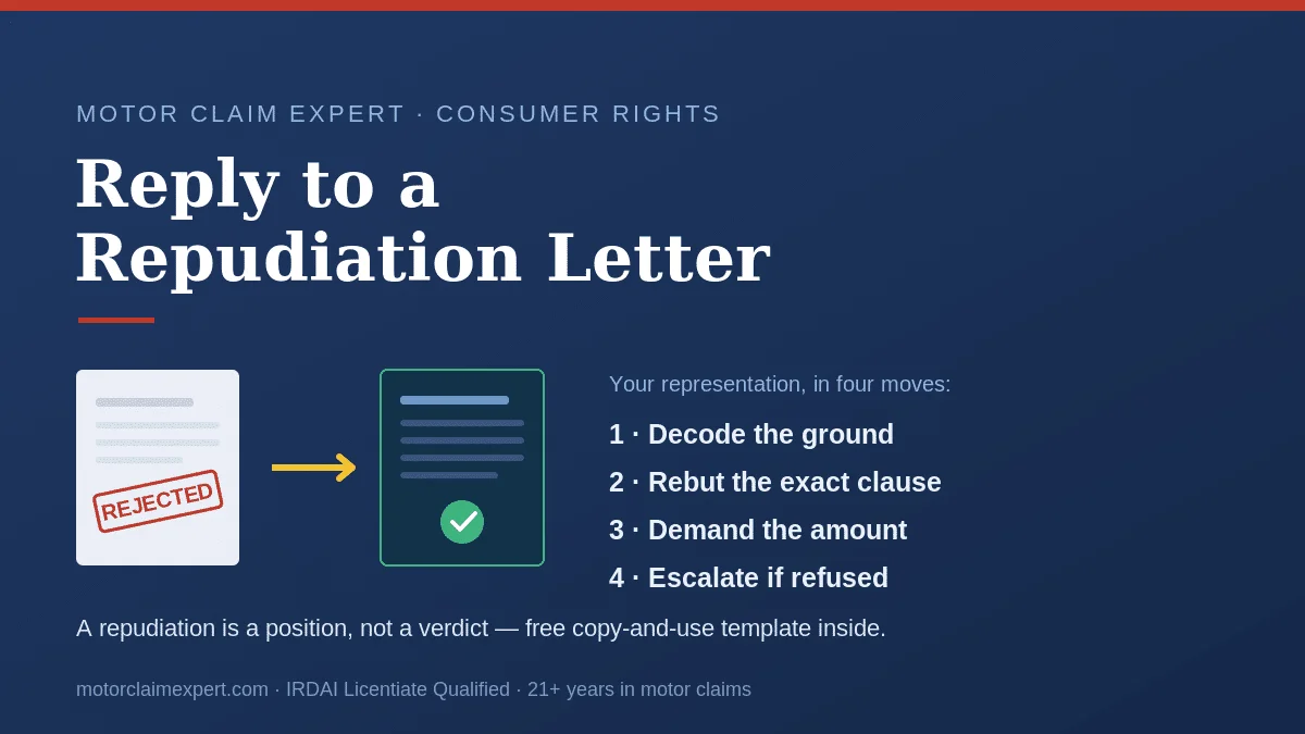 How to reply to a car insurance claim repudiation letter in India: decode the ground, rebut the clause, demand the amount, escalate — with a free representation template