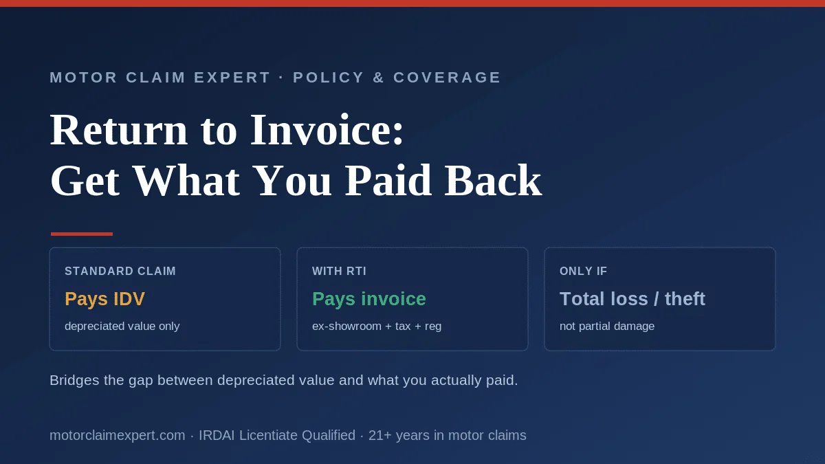 Return to Invoice (RTI) add-on in India: a standard claim pays the depreciated IDV, while RTI pays the full invoice value (ex-showroom plus registration and road tax) on total loss or theft of a newer car.