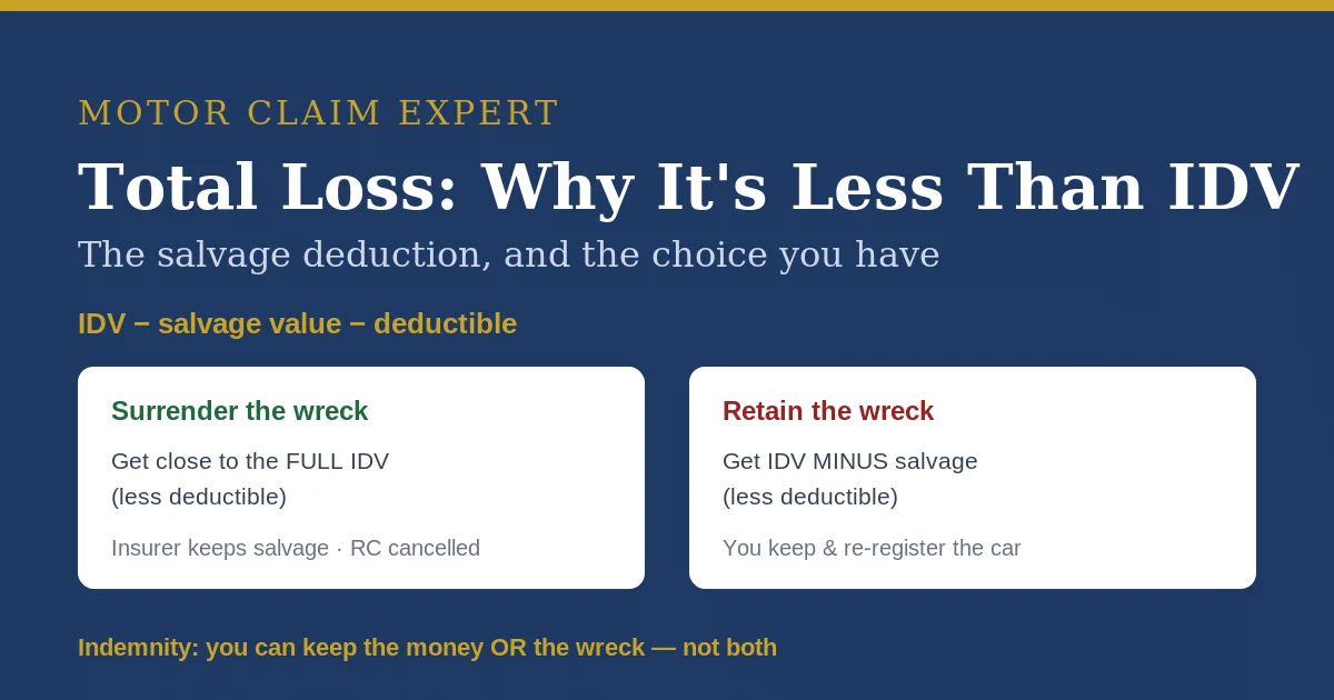 Total-loss settlement: IDV minus salvage value minus deductible; surrender the wreck for full IDV or retain it for IDV minus salvage
