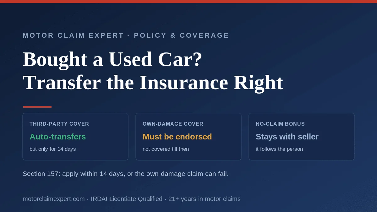 Used car insurance transfer in India: third-party cover auto-transfers for 14 days under Section 157, own-damage cover must be endorsed to the buyer, and the No-Claim Bonus stays with the seller.