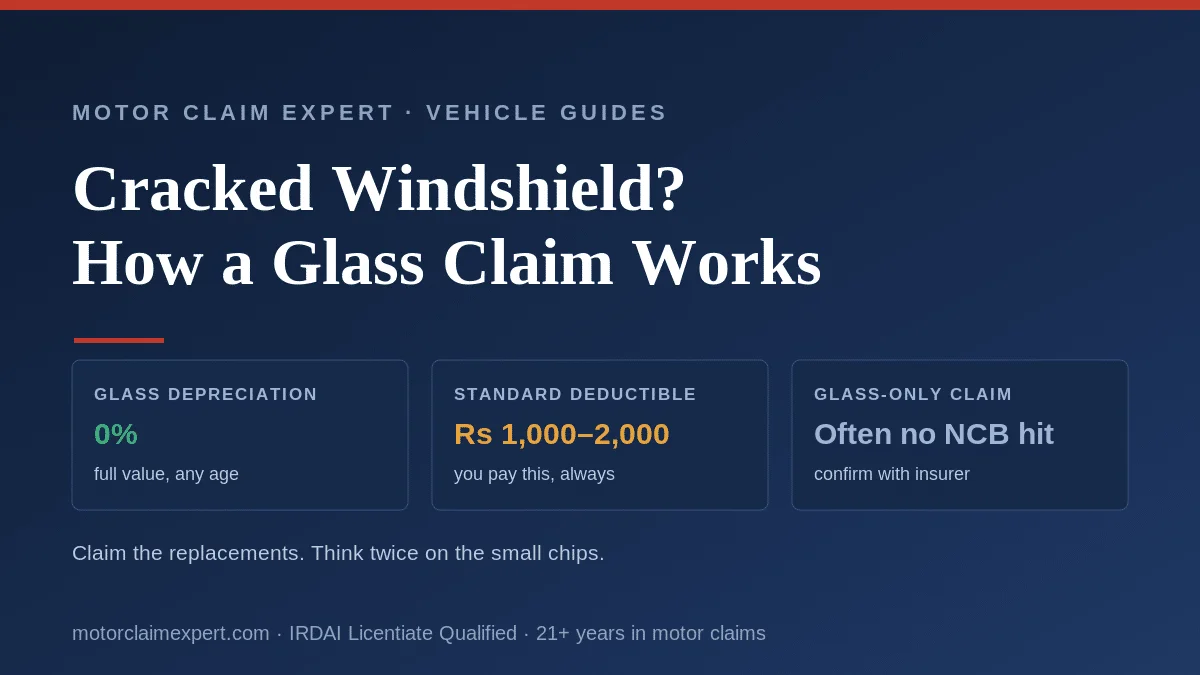 Windshield glass insurance claim in India: glass carries zero depreciation for a full-value payout, a standard deductible of Rs 1,000 to 2,000 applies, and a glass-only claim often does not affect NCB.