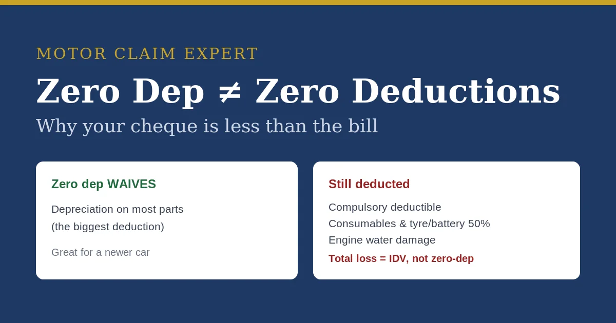 Zero depreciation waives parts depreciation but the deductible, consumables and tyre/battery share are still deducted in India